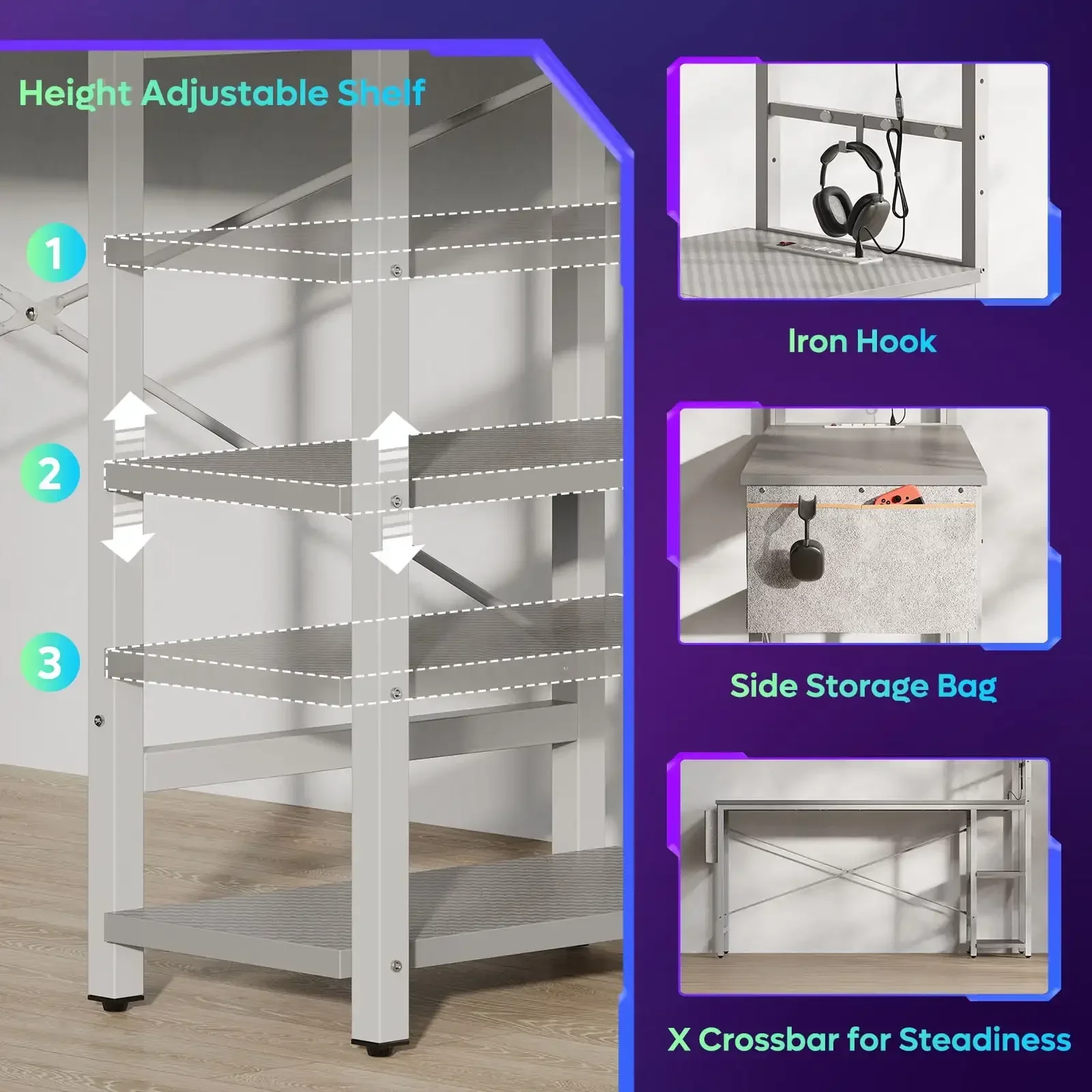 Meja Komputer Gaming Reversibel 61" dengan Meja LED Stopkontak dengan Rak 4 Tingkat, Serat Karbon Abu-abu