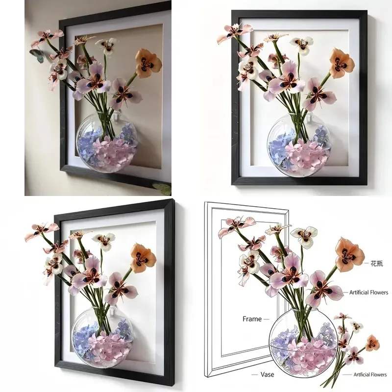 Custom 3D Flower Frame Artificial Iris Vase Wall Decoration for Bohemian Home Garden Outdoor Event