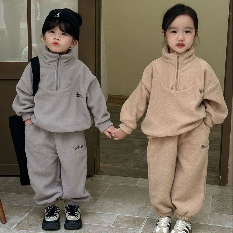 Children's Polar Fleece Suit Half Zipper Tracksuit Set for Boy Girl Baby Winter Insulated Sweatshirt Pants Sportwear Clothes