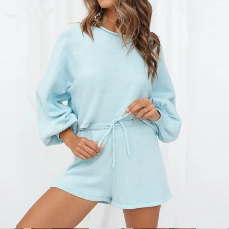 Spring/summer New Bubble Sleeve Top Shorts Suit Sexy Crop Sweater Two-piece Women's Suit