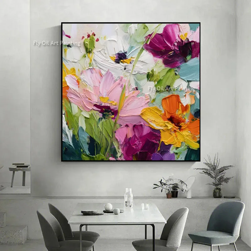 Hand Painted Colorful Flower Texture Oil Painting, Bright Palette Knife Canvas Art, Modern Square Wall Art