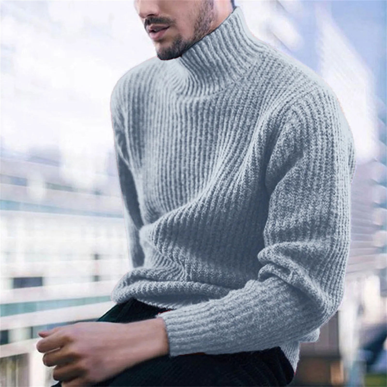 

Men Knit Sweater Casual Loose Turtleneck Solid High Collar Pullover Knitted Sweaters Crochet Knitwear Keep Warm Tops Winter