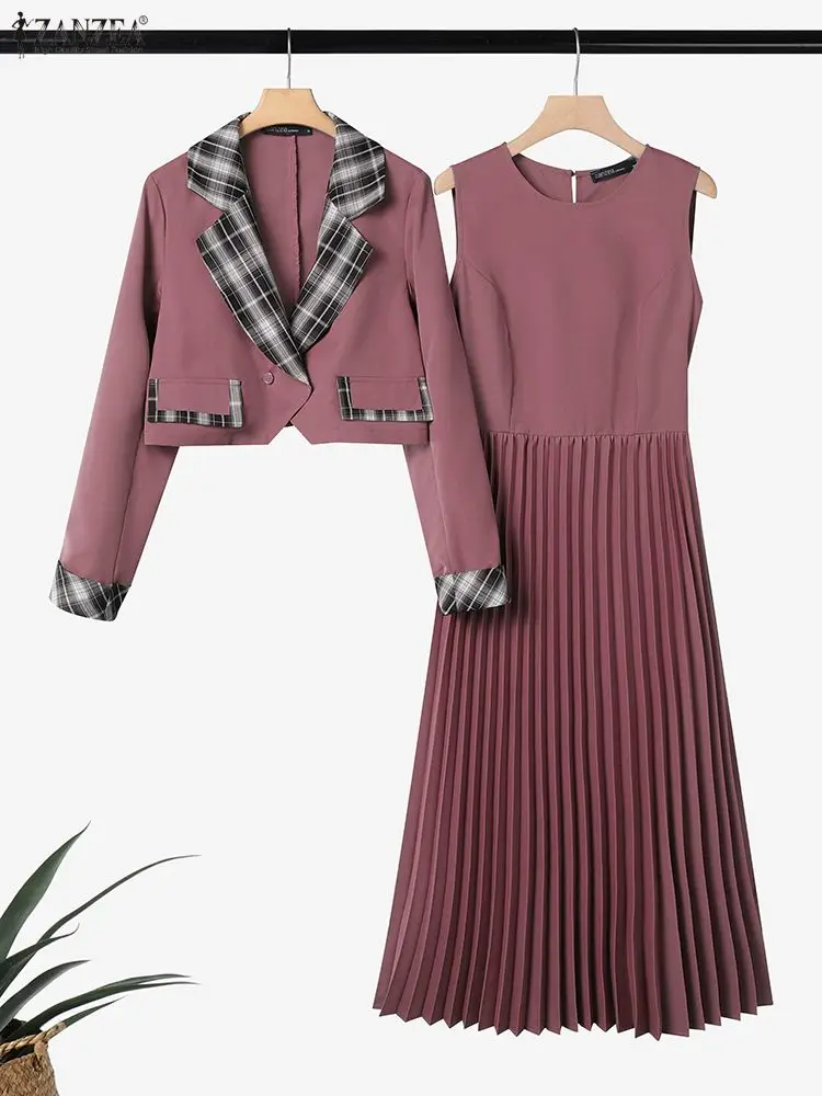 ZANZEA ファッション女性ドレスセット 2026 春エレガントなノースリーブロング Vestidos 長袖チェック柄シャツカジュアル 2 個プリーツ衣装