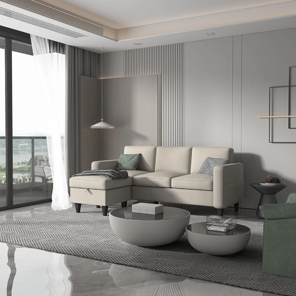 أريكة مقطعية حديثة من الكتان مكونة من 3 مقاعد على شكل حرف L مع مسند تخزين لغرفة المعيشة #3