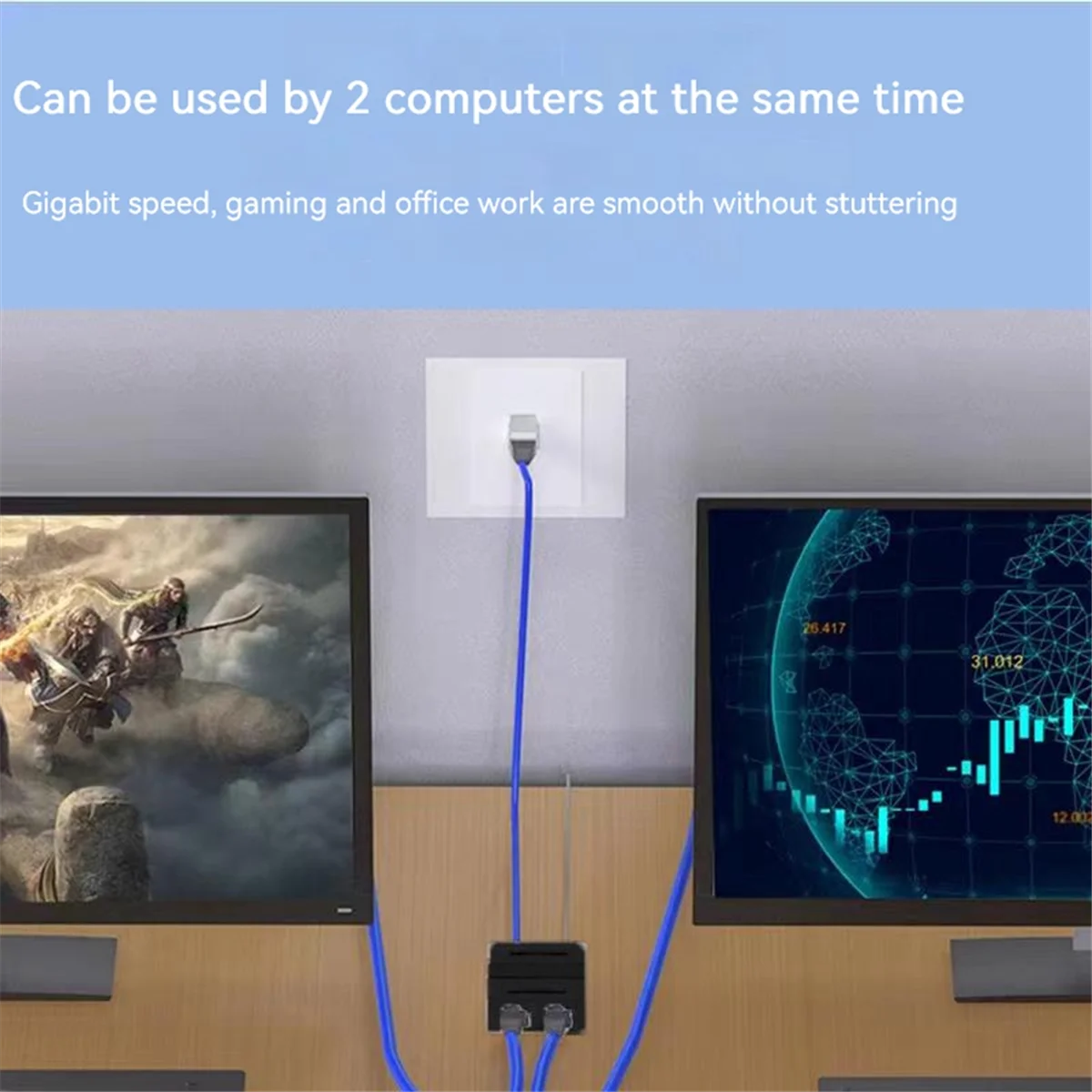 RJ45 1 in 2 1000Mbps Network Sharer 2-Port Mini Switch with Simultaneous Internet Access Network Splitter