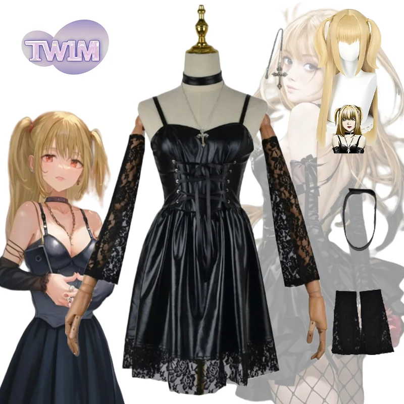 Death note misa cosplay traje amane im peruca de couro sexy vestido pescoço jóias meias uniforme halloween carnaval festa terno