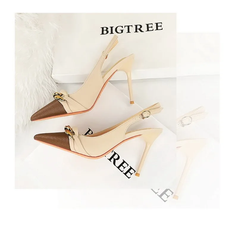 حذاء مثير بإصبع مدبب للنساء ، كعب رفيع ، رباط ظهر ، مضخات مكتبية احترافية ، ديكور معدني ، PU ، من من من الخارج