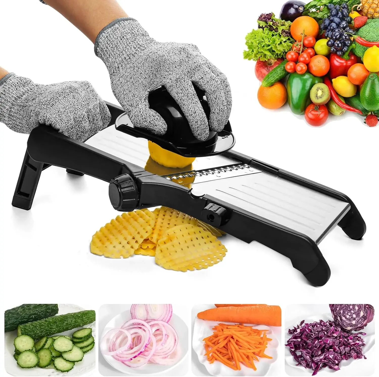 Adjustable Mandoline Slicer, Mandoline Slicer for Kitchen, Mandolin with Cut-Resistant Gloves,Potato Slicer, Vegetable Slicer