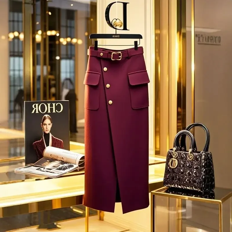 New Fashion Design Split Skirt Women Casual Single Breasted High Waist Slim Office Lady Elegant Midi Skirts Autumn with Belt