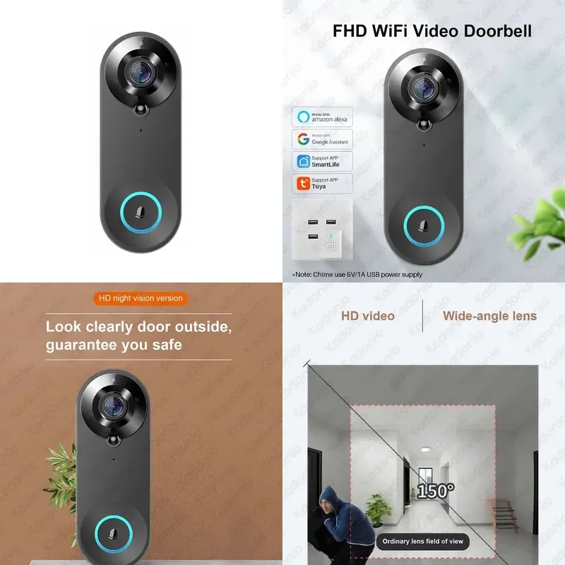 Kadonio 1080P WiFi Video Door Bell PIR Motion Detection Smart Camera Two-Way Audio