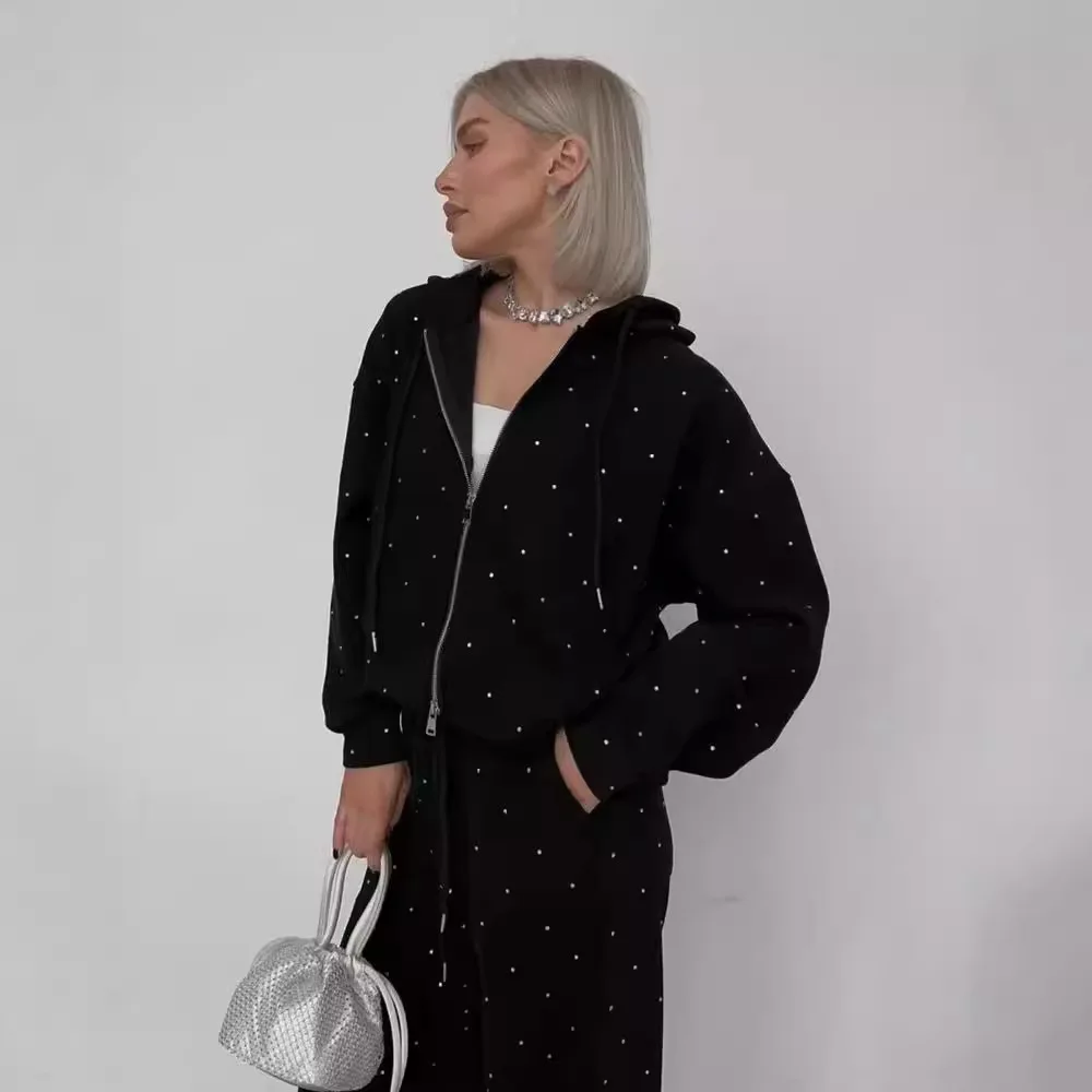 Women's Y2K Black Rhinestone 2 Piece Outfit, Hooded Zip Up Crop Top + High Waist Wide Leg Pants, Casual Streetwear
