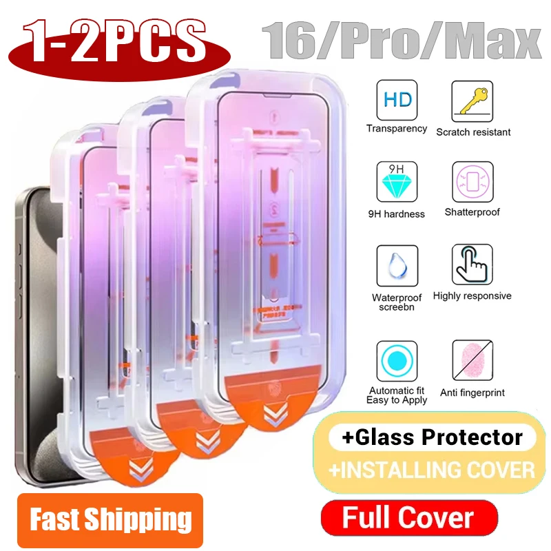 1-2PCS Dust Free Installation HD Screen Protector For iPhone 16 15 13 12 11 Pro Max Plus Tempered Glass Film for iPhone X XR XS