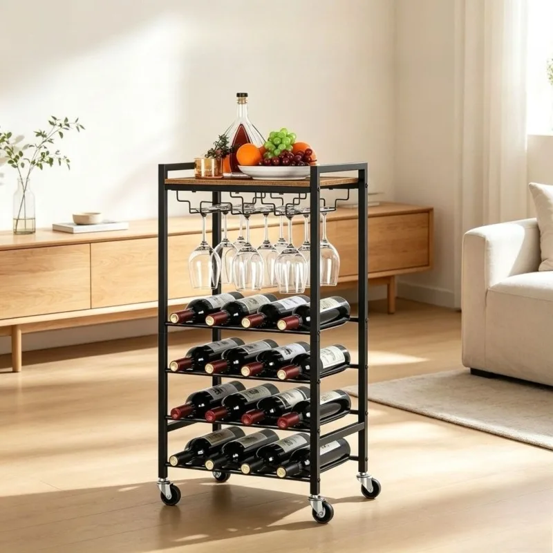 Luxury Wine Rack with Wheel Large Capacity Liquor Bottle Storage Wine Rack Tray Modern Simple Wine Holders Multi-purpose Barware