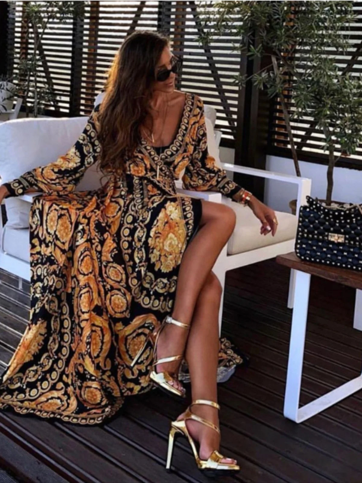 n Sle Long Sve Printed Chiffon Dr Waist Cinched Robe Sle Casual Long Dr Women's Faion Spring Autumn