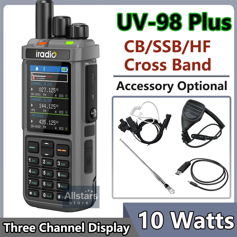 Iradio UV-98 PLUS Air Band Walkie Talkie Cross Band Repeater Triple Frequency Standby Three Channel Display FM SSB HF NOAA DTMF