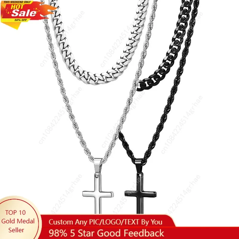 

Romass 4Pcs Cross Necklace for Men,Stainless Steel Chains for Men Layered Necklaces Silver Gold Black Pendant Jewelry Box Gifts