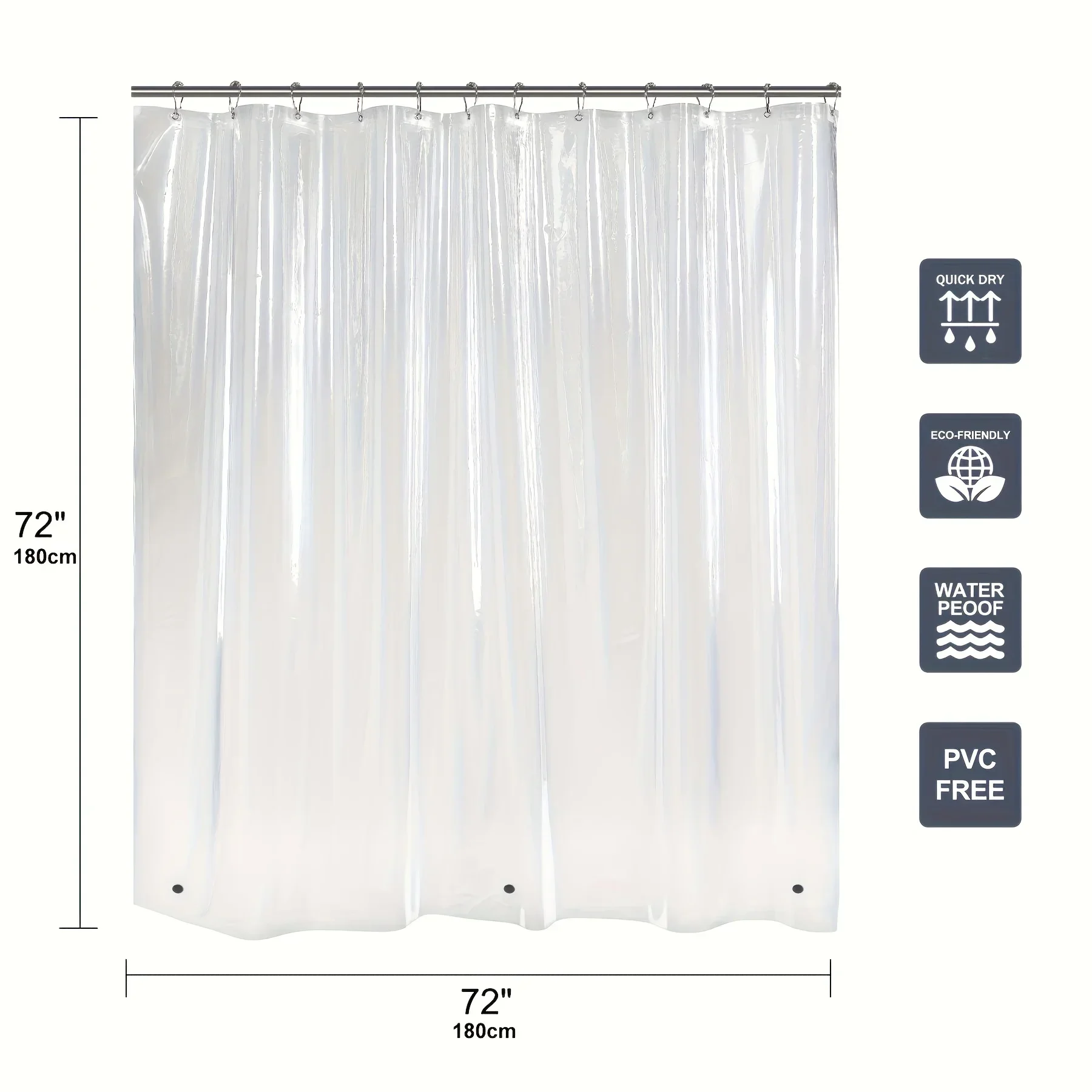 Clear Shower Curtain, Waterproof Bathroom Curtain With 12 Hooks, Bathroom Decoration Curtain, 180*180cm/72*72in