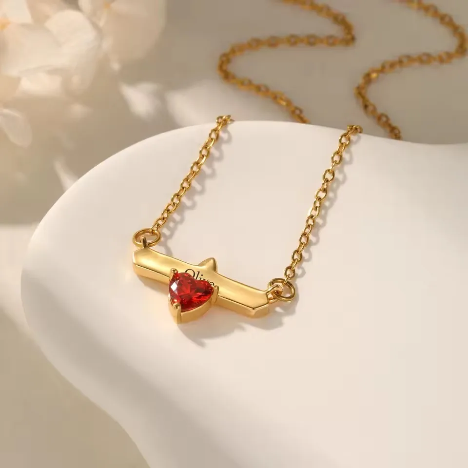 Stainless Steel Jewelry Birthday Gift for Women Personalized Name Pendant Heart Birthstone Horizontal Necklace Customized Name