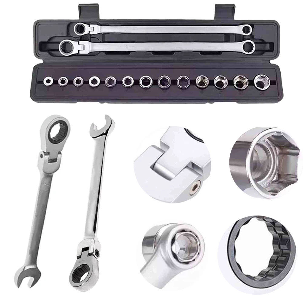 15Pcs Hex Head Wrench Adjustable Ratchet Wrench Kit Chrome Vanadium Steel Ratcheting Spanner Set Car Repair Hand Tools