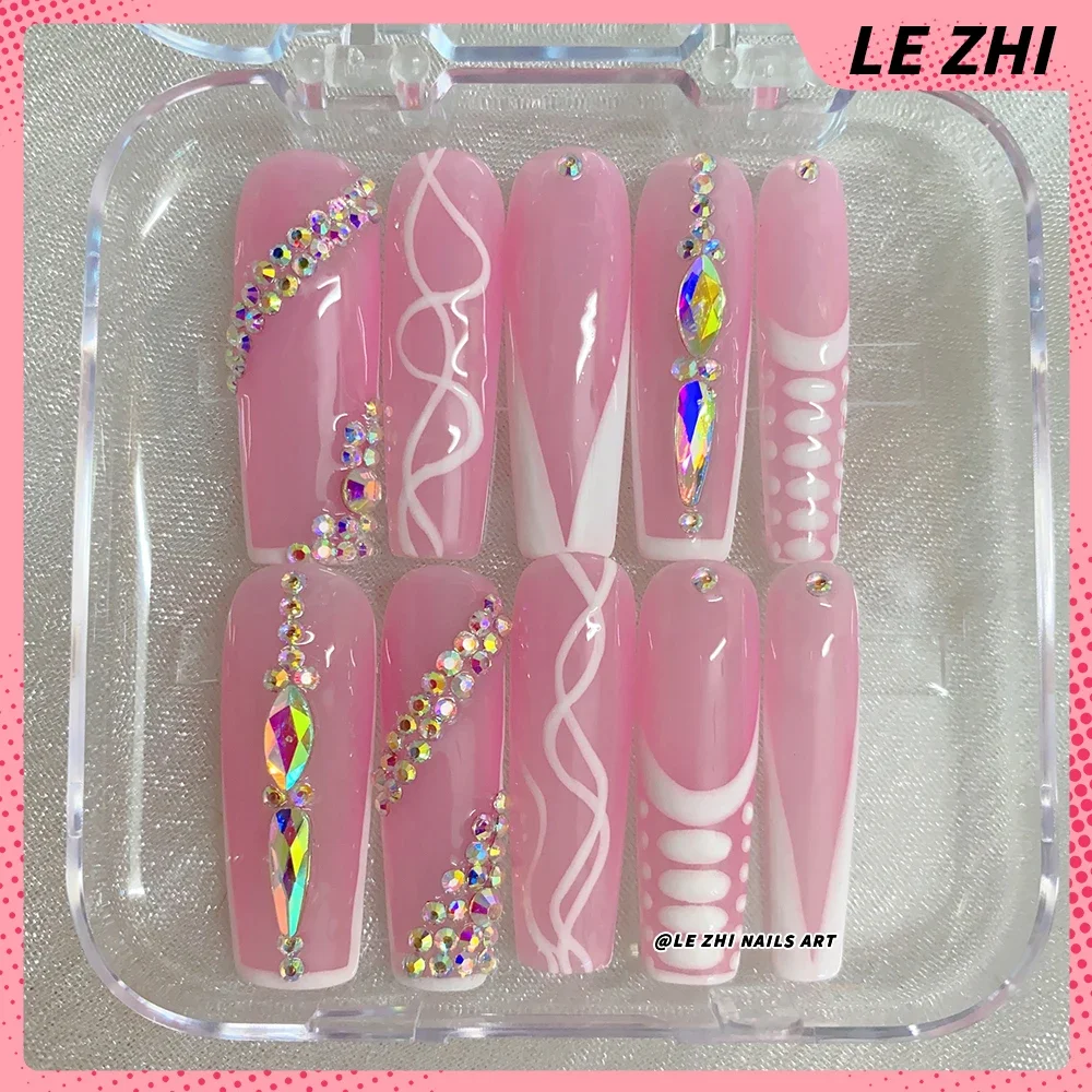 Creative Duck Web Handmade Press on Nails Art Pink XL Coffin Glitter Butterfly AB Diamond Nails Customize Nail Party Stickers