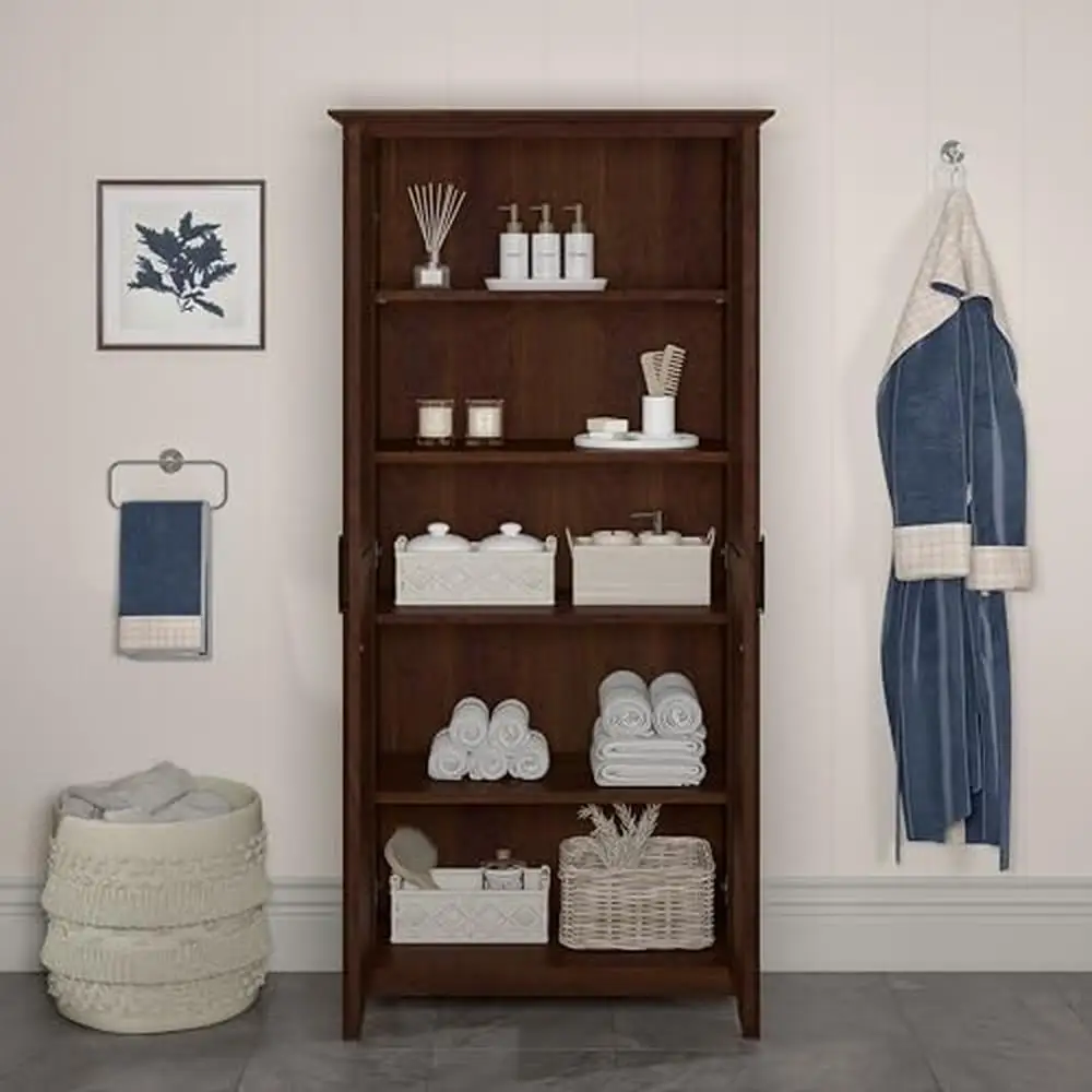 Key West Tall Bathroom Storage Cabinet w/ Adjustable Shelves in Bing Cherry Farmhouse Style Stable & Organized Solutions