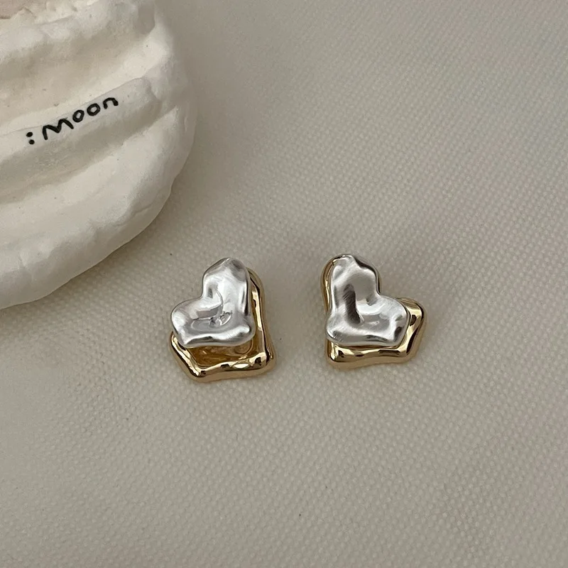 Fashion Jewelry Vintage Two Tone Back With Front Metal Splicing Heart Stud Earrings For Women Female Party Gift ﻿