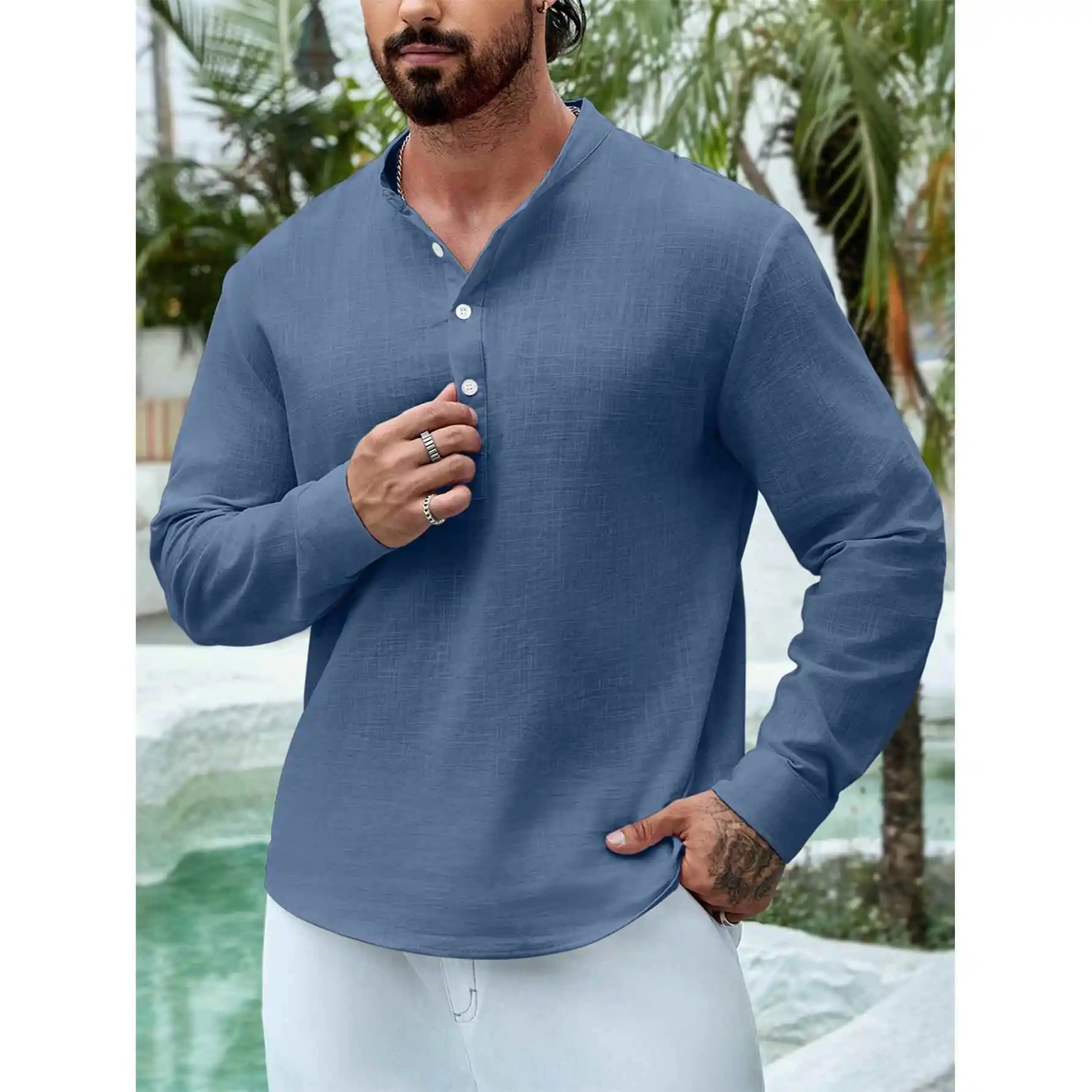 Men's Stand Collar Hemlock Half Door Long Swedish Shirt Pure Cotton Button Detail Iron-Free Thin Winter CleanFit Style  ... view 5