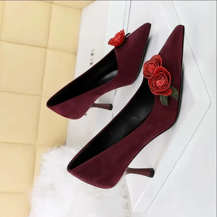 

BIGTREE Shoes Women Pumps Luxury High Heels suede Flower and Rose Design Women shoes Stiletto 6.5 cm Heels Ladies shoes 2026
