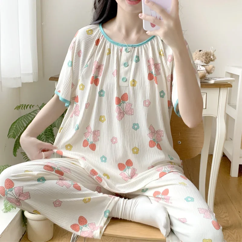 Cotton Short Sleeve Pants Floral Print Woman Satin Pajama Sets Ensembles 2 Piece Lady Outfit Lounge Women Pijama Sleepwear Pj