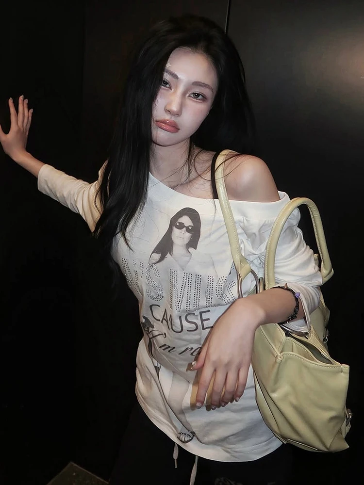 

Kliou Letter Print T-Shirts Woman Summer New Trend Skew Collar Off Shoulder Full Sleeve Street Casual Simple Fashion Style Tees