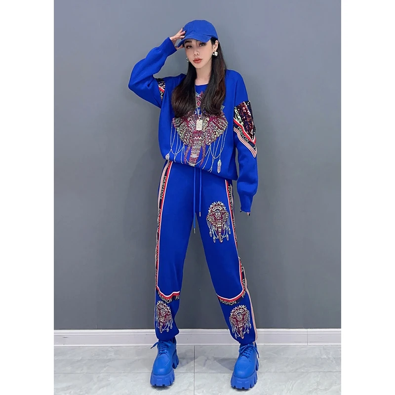 Vefadisa 2024 Autumn New Black Hot Diamond Cartoon Elephant Women O-neck Long Sleeved Top Casual Pants Two-piece Set ZXY633A