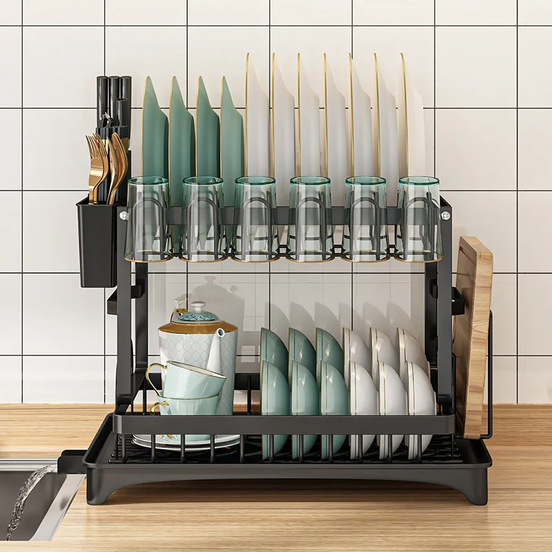 5YTier Dish Drying Rack Kitchen Bowl Drainer Storage Rack Tableware Drain Chopsticks Knife Fork Water Cup Storage Holder 2Tier