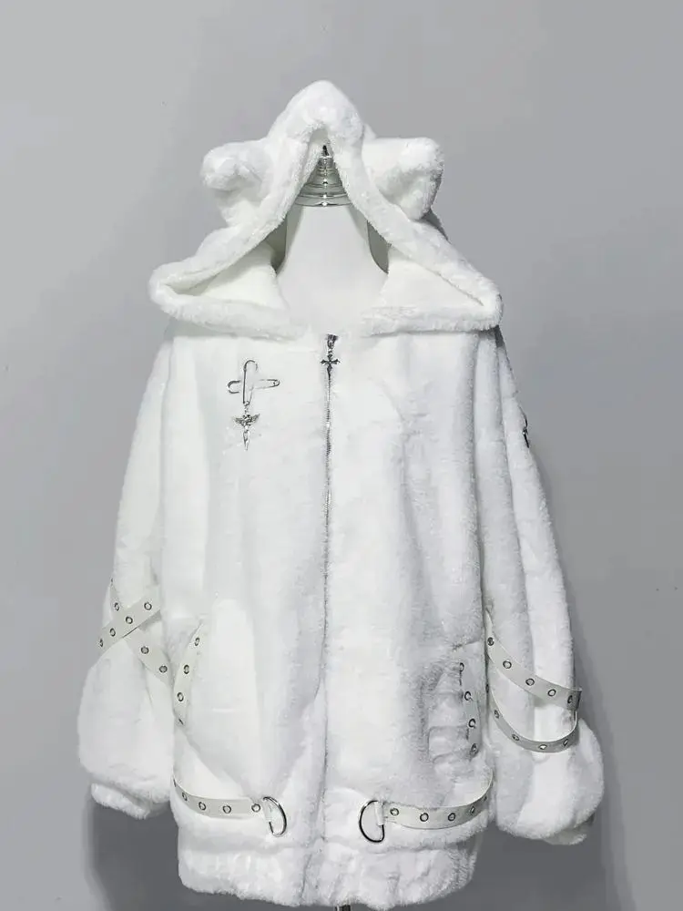 เสื้อโค้ทสไตล์ญี่ปุ่น แขนยาว ผู้หญิง ลำลอง สีพื้น หูกระต่าย ฮาราจูกุ เสื้อสเวตเชิ้ต ซิปหวานๆ เสื้อฮู้ดดี้ ฤดูใบไม้ร่วง ฤดูหนาว