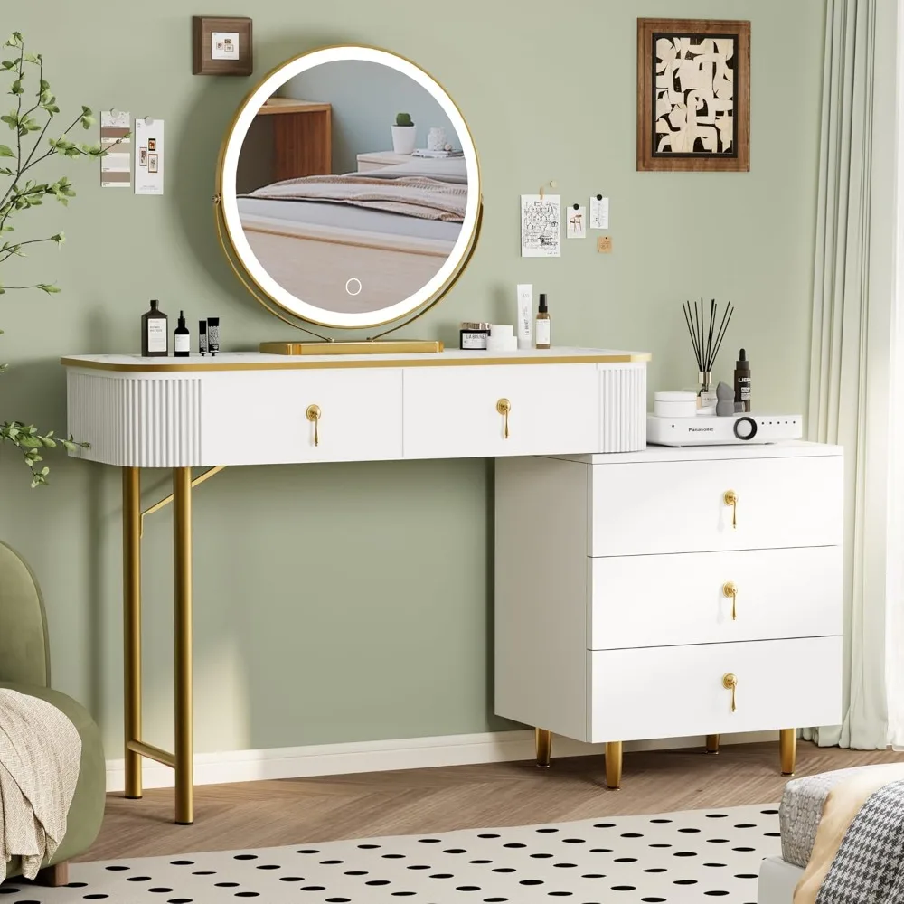 

Makeup Vanity Desk with Mirror and LED Light,Modern Make Up Vanity Table,Large Vanity with Storage,Dressing Table with 5 Drawers