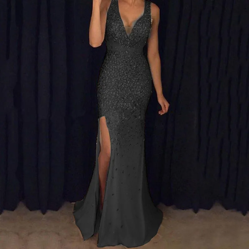 

2025 New Women's Sling V Collar Split Gold Dress Fashion Long Dress C001