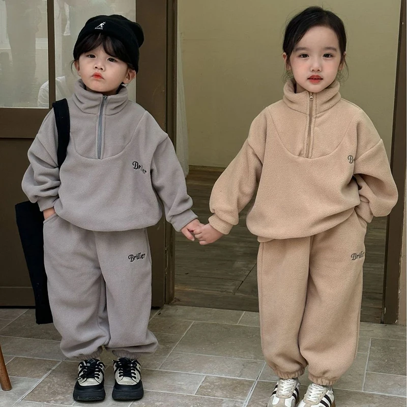 

Children's Polar Fleece Suit Half Zipper Tracksuit Set for Boy Girl Baby Winter Insulated Sweatshirt Pants Sportwear Clothes