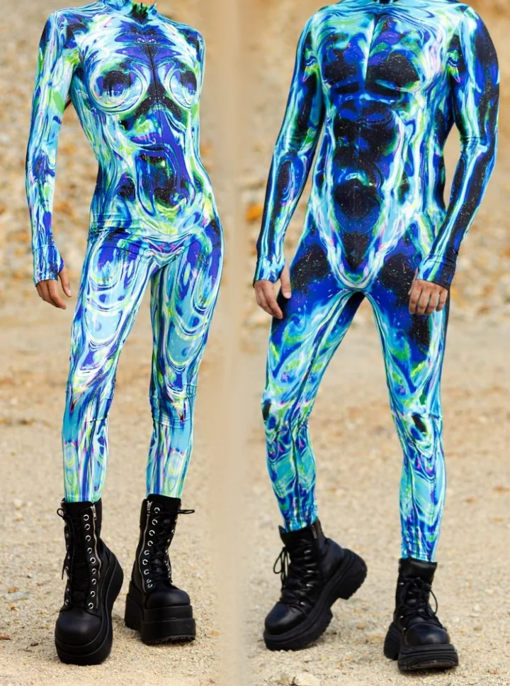 

Couples Jumpsuit Punk Burning Man Festival Blue MultiColor Tights Deformation Muscle Yoga Clothes Cycling Suit 2025