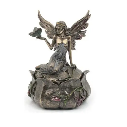 Flower Fairy Butterfly Jewelry Box Vintage Bronze Resin Trinket Storage Box Home Living Room Decorative Ornament Gift for Women