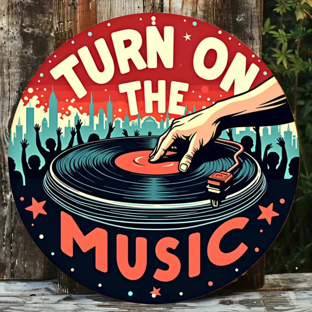 Vintage Vinyl Record Player Round Sign, Rustic Aluminum Wall Art for Home, Bar & Garage, 8x8 Inch
