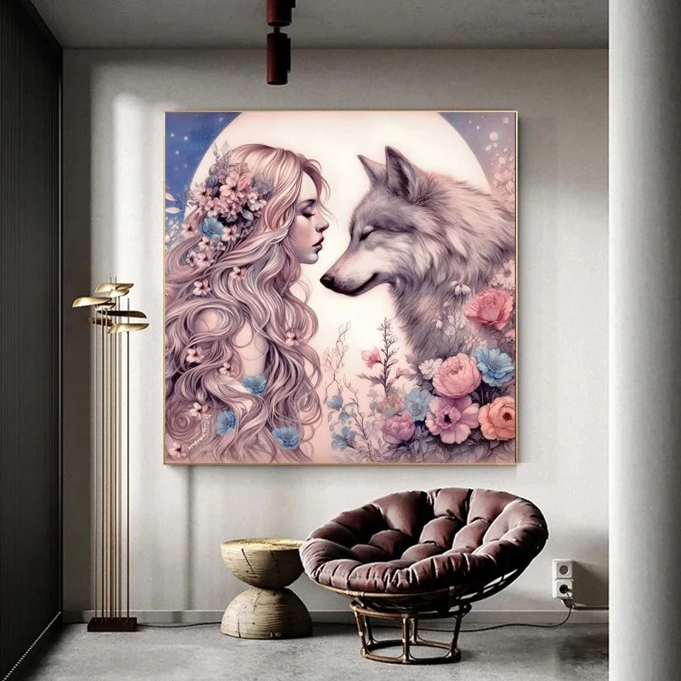 5D Full Diamond Art Painting New Collection Fairy Woman and Wolf Mosaic Picture Rhinestone Embroidery Animals Cross Stitch