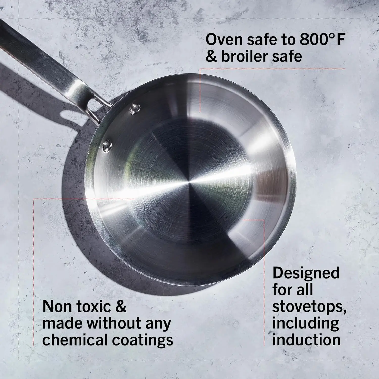 Juego de sartenes de 3 piezas Eater Series |   Hecho en EE. UU. |   Sartén de acero inoxidable totalmente revestida de 5 capas |   Diseño de mango Stay Cool |   Lectura por inducción