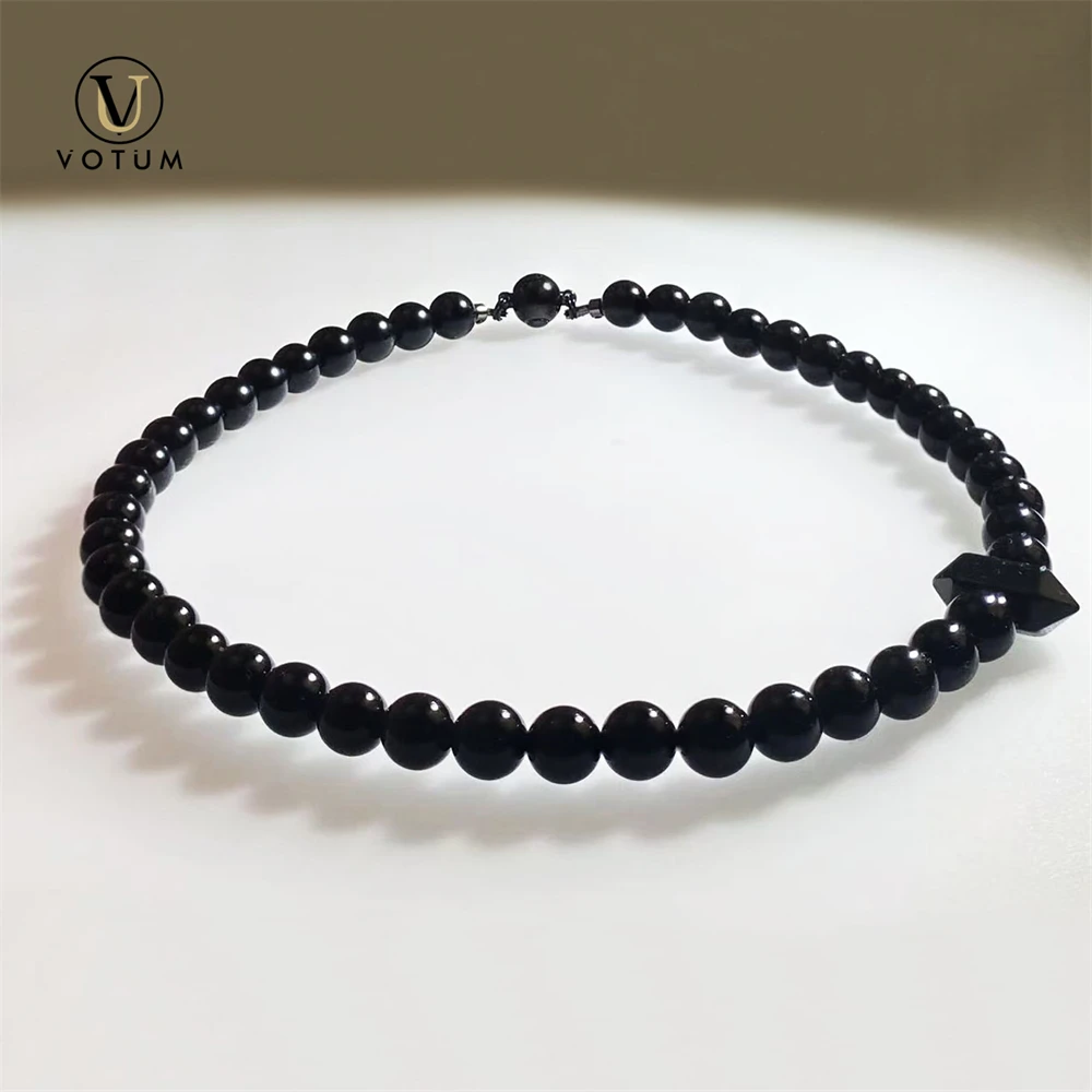 Votum Natural All Black Agate Double Terminated Beads Choker Necklace for Women Men Chakra Balance Stone Reiki Necklaces Jewerly