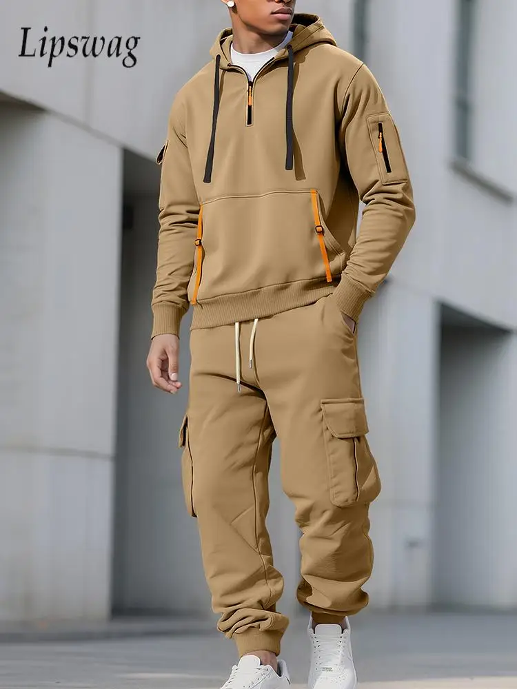 

Fashionable Mens Tracksuits Fall Winter Casual Hooded Sweatshirts And Cargo Pants Two Piece Sets Men Stylish Solid Color Outfits