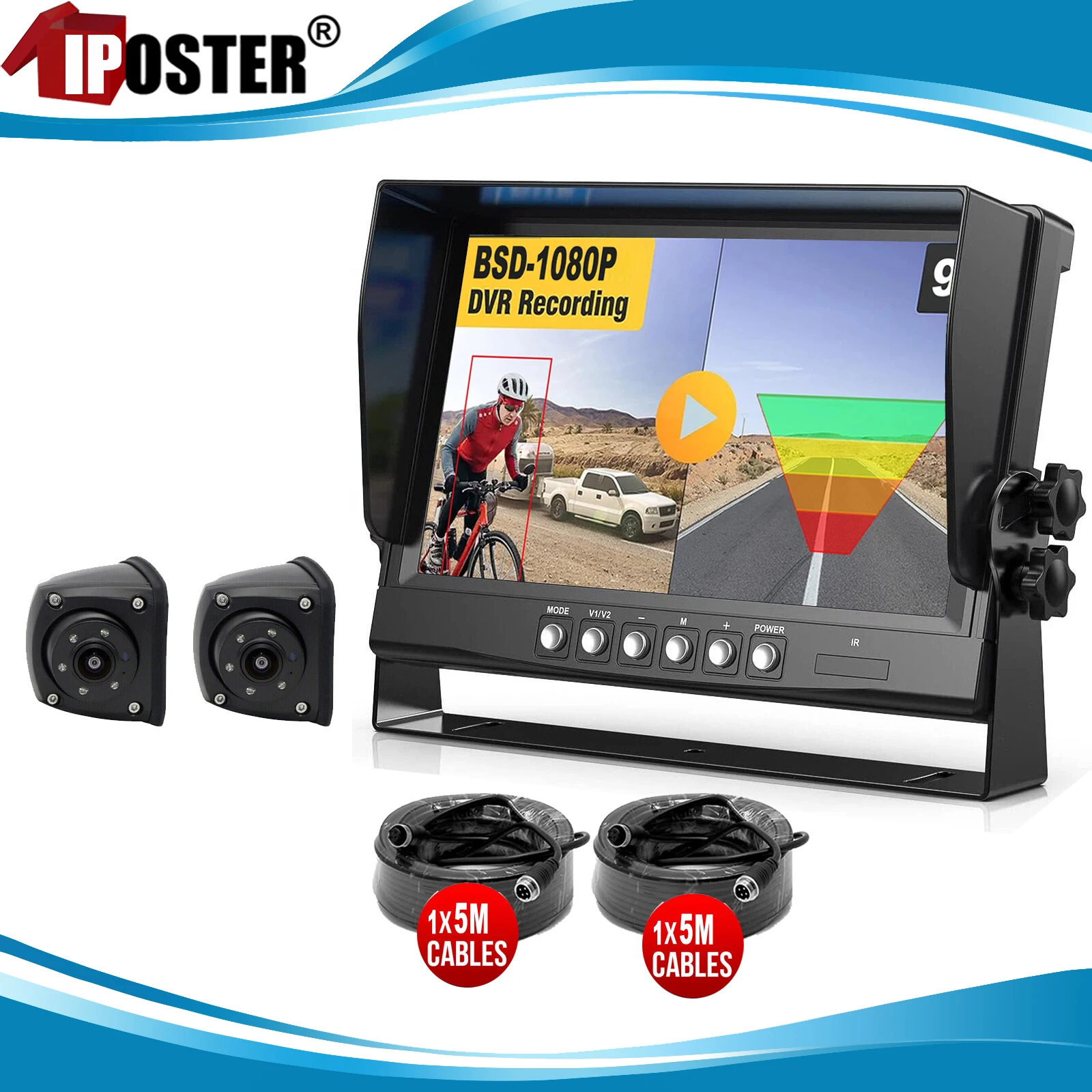 

iPoster 9" Monitor DVR Recording AHD 1080P Side Backup Camera BSD Detection Blind Spot Alarm Reversing for Truck Caravan Rvs