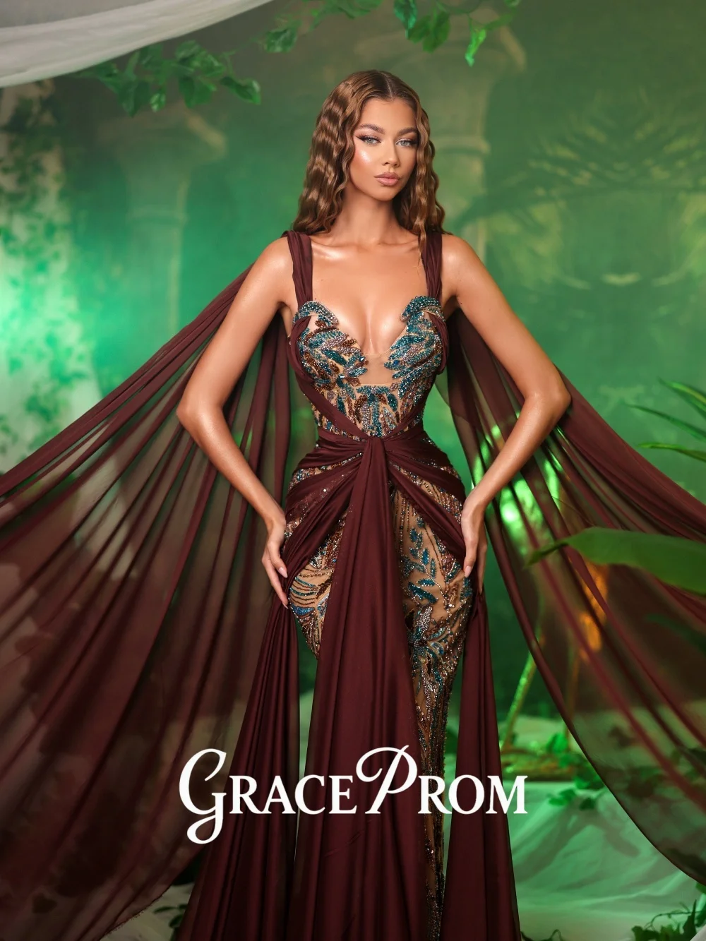 

GraceProm Elegant Cape-Accent Evening Dress 2026 Sheer-Panel Carpet Gown Fashion A-Line Floor-Length Party Gown فساتين س