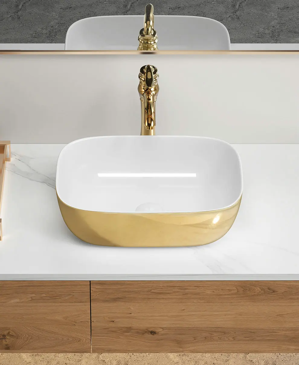Ceramic countertop basin with white inside and gold outside, European luxury rectangular household bathroom washbasin GN110CE