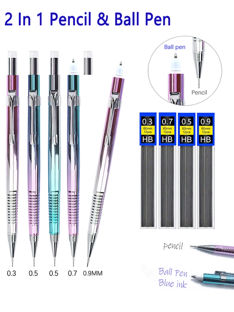 Neues kreatives 2-in-1-Set mit Druckbleistift und blauen Kugelschreiber, 0,3 0,5 0,7 0,9 mm automatischer Bleistift mit Radiergummi, Schreibzubehör – Detail 1