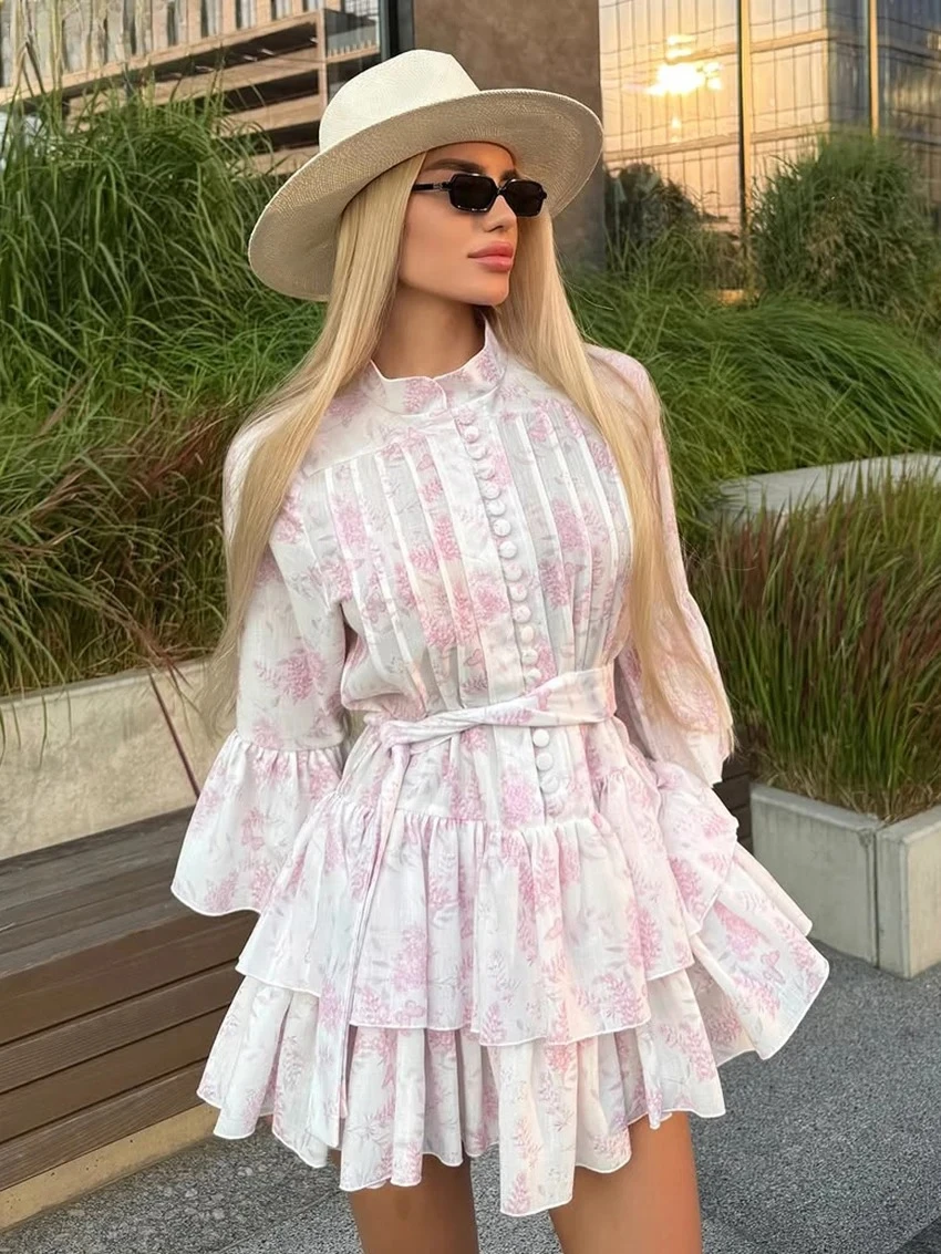 Clacive Fashion2026Casual Stand Collar Long Sleeve Mini Dresses Elegant Classic Pleated Female Dress  Loose Print Women's Dress