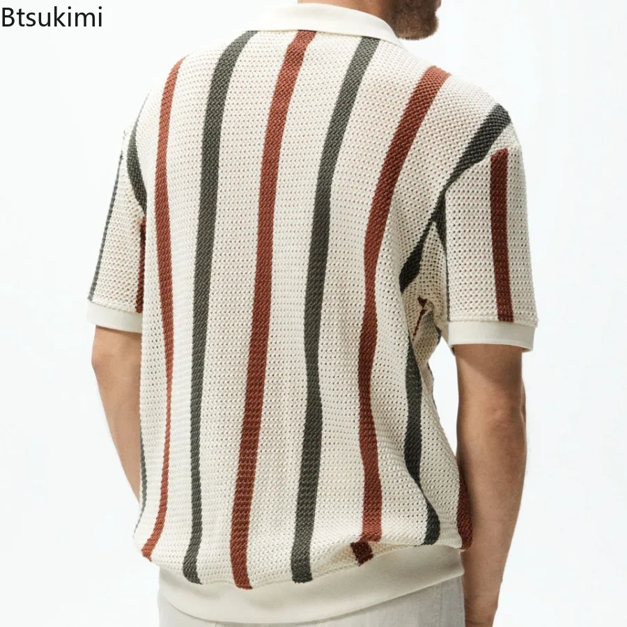 2024 Summer Men\'s Fashion Hollow Out Knitted Polo Shirts Striped Contrast Color Design Business Casual Knitwear Pullover for Men