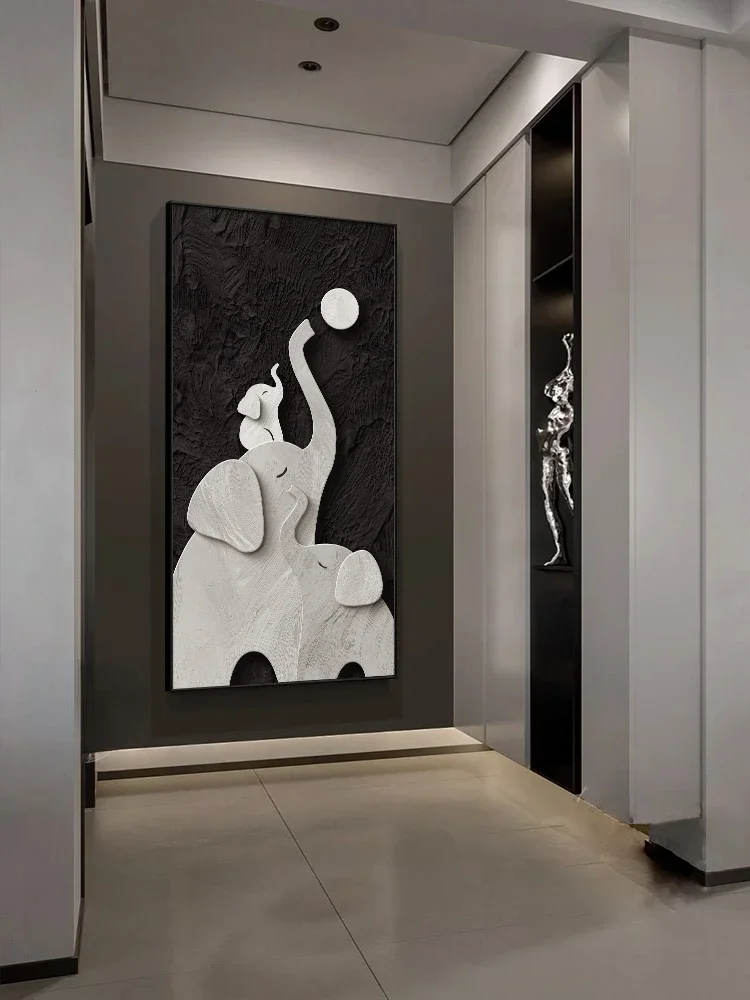 Entrance aisle hanging paintings Elephant entry is opposite the door Corridor decorative paintings Black and white